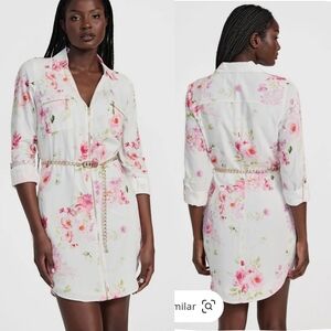 Guess Elina Floral Printed Belted Mini Shirt Dress S V-neck Zip-front Lined NEW